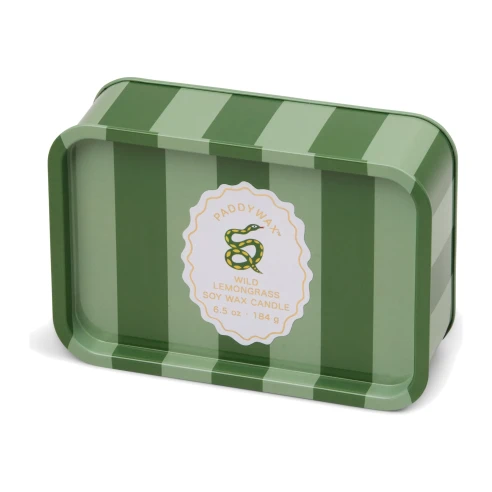 Vela perfumada Paddywax A Dopo Wild Lemongrass 184 g en lata a rayas verdes con etiqueta de serpiente