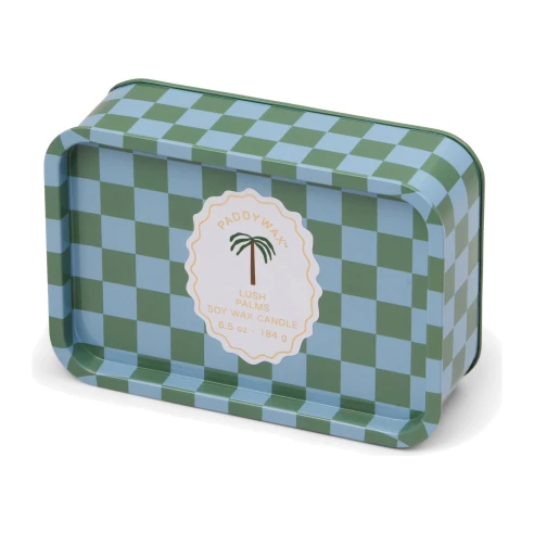 Vela perfumada Paddywax A Dopo Lush Palms 184 g en lata a cuadros con etiqueta de palmera