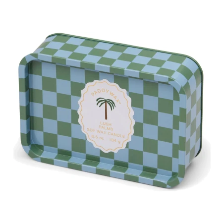 Vela perfumada Paddywax A Dopo Lush Palms 184 g en lata a cuadros con etiqueta de palmera