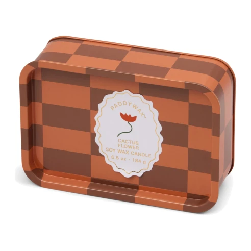Vela perfumada Paddywax A Dopo Cactus Flower 184 g en lata a cuadros con etiqueta de flor