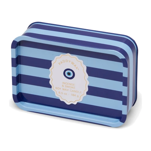 Vela perfumada Paddywax A Dopo Incense + Smoke 184 g en lata a rayas azules con etiqueta de ojo turco