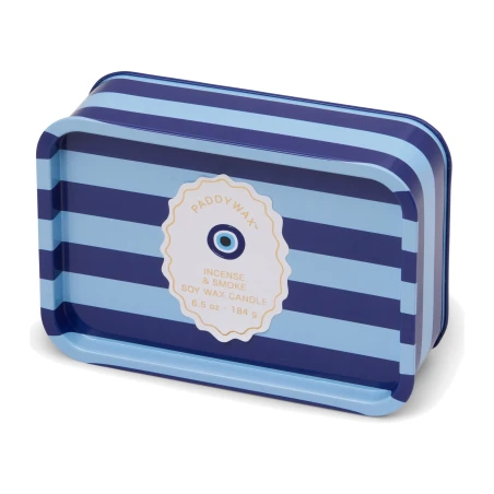 Vela perfumada Paddywax A Dopo Incense + Smoke 184 g en lata a rayas azules con etiqueta de ojo turco