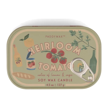 Vela perfumada Paddywax Bistro Heirloom Tomato 127 g en lata ilustrada estilo lata de sardinas