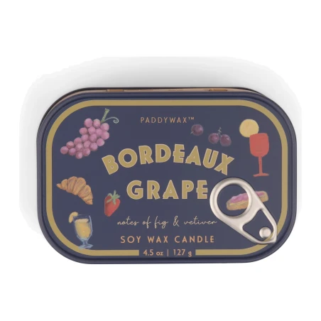 Vela perfumada Paddywax Bistro Bordeaux Grape 127 g en lata ilustrada estilo lata de sardinas