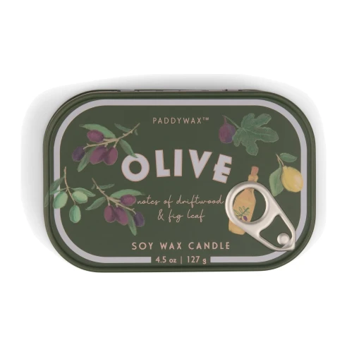 Vela perfumada Paddywax Bistro Olive 127 g en lata ilustrada estilo lata de sardinas