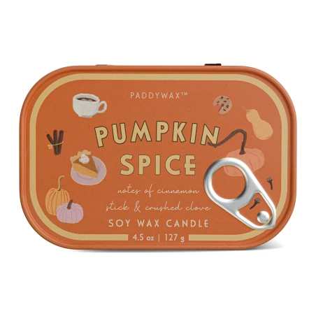 Vela perfumada Paddywax Bistro Pumpkin Spice 127 g en lata ilustrada estilo lata de sardinas