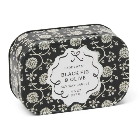 Vela perfumada Paddywax Cherie Black Fig & Olive 127 g en lata estampada negra con flores blancas