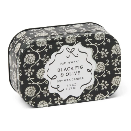 Vela perfumada Paddywax Cherie Black Fig & Olive 127 g en lata estampada negra con flores blancas