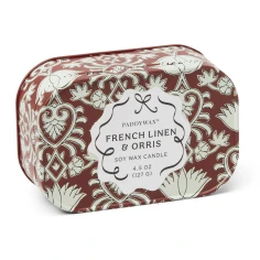 Vela perfumada Paddywax Cherie French Linen & Orris 127 g en lata estampada granate y crema