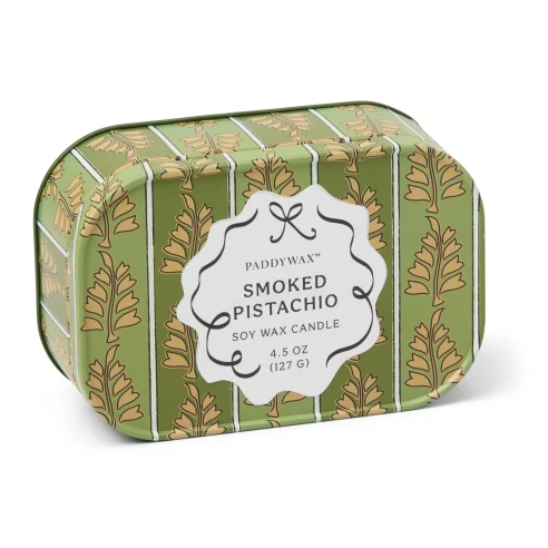 Vela perfumada Paddywax Cherie Smoked Pistachio 127 g en lata estampada verde a rayas con hojas doradas