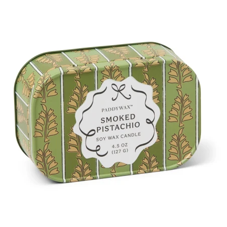 Vela perfumada Paddywax Cherie Smoked Pistachio 127 g en lata estampada verde a rayas con hojas doradas