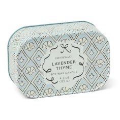 Vela perfumada Paddywax Cherie Lavender & Thyme 127 g en lata estampada azul y blanca con rombos y flores