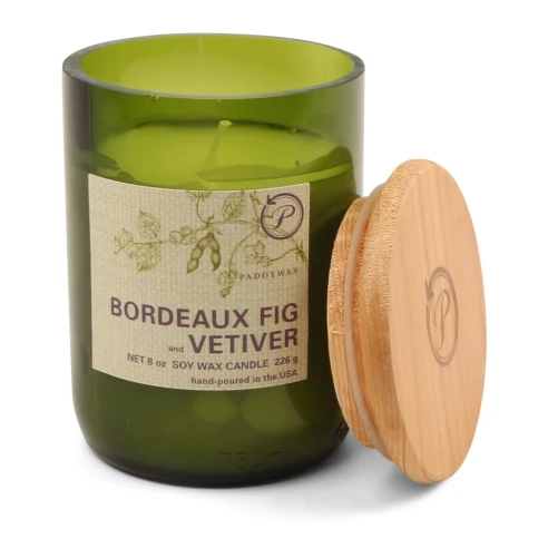 Vela perfumada Paddywax Eco Green Bordeaux Fig & Vetiver 226 g en vaso de vidrio reciclado verde con tapa de madera