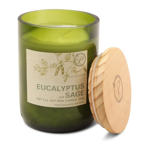 Vela perfumada Paddywax Eco Green Eucalyptus & Sage 226 g en vaso de vidrio reciclado verde con tapa de madera