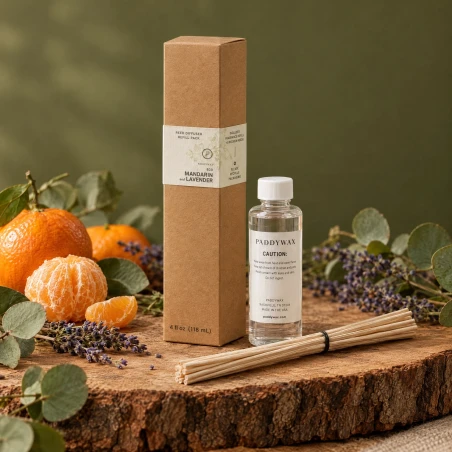 Recambio de mikado Paddywax Eco Mandarin & Lavender sobre corteza de madera, con mandarinas, lavanda y hojas de eucalipto