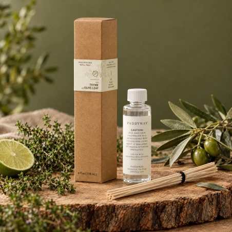 Recambio de mikado Paddywax Eco Thyme & Olive Leaf sobre corteza de madera, con tomillo, una rama de olivo y lima