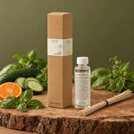 Recambio de mikado Paddywax Eco Basil & Cucumber sobre corteza de madera, con albahaca, pepino y mandarina