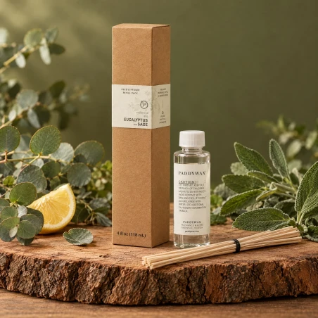 Recambio de mikado Paddywax Eco Eucalyptus & Sage sobre corteza de madera, con eucalipto, salvia y limón