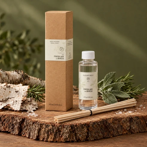 Recambio de mikado Paddywax Eco Fresh Air & Birch sobre corteza de madera, con corteza de abedul, romero y sal marina