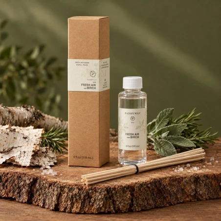 Recambio de mikado Paddywax Eco Fresh Air & Birch sobre corteza de madera, con corteza de abedul, romero y sal marina