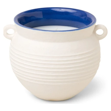 Vela perfumada Paddywax Santorini Cliff & Hinoki Wood 240 g en tinaja de cerámica crema con asas e interior azul