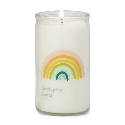 Vela perfumada Paddywax Spark Rainbow Eucalyptus Santal 141 g en vaso de cristal con arcoíris estampado