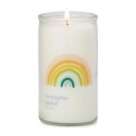 Vela perfumada Paddywax Spark Rainbow Eucalyptus Santal 141 g en vaso de cristal con arcoíris estampado