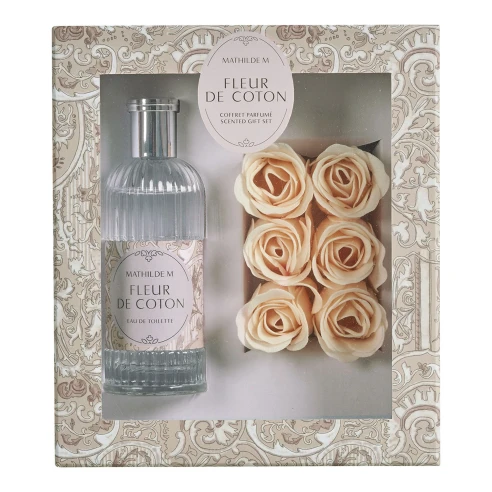 Estuche de regalo Fleur de Coton de Mathilde M. con agua de colonia 100 ml y 6 rosas de jabón