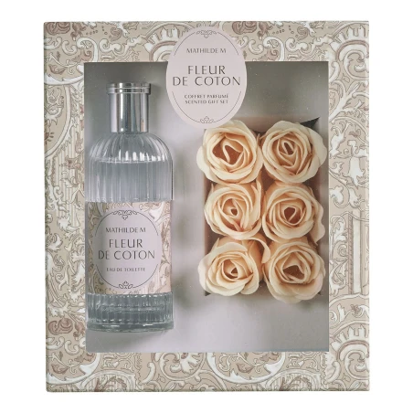 Estuche de regalo Fleur de Coton de Mathilde M. con agua de colonia 100 ml y 6 rosas de jabón