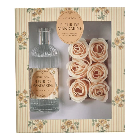 Estuche de regalo Fleur de Mandarine de Mathilde M. con agua de colonia 100 ml y 6 rosas de jabón