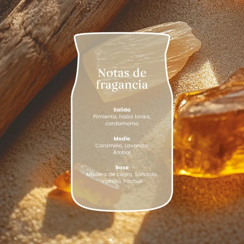 Notas de salida, corazón y fondo de la fragancia Amber & Sandalwood de Yankee Candle