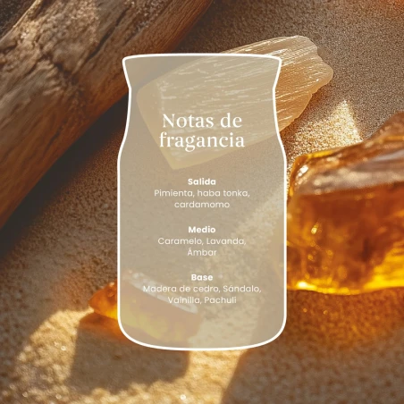 Notas de salida, corazón y fondo de la fragancia Amber & Sandalwood de Yankee Candle