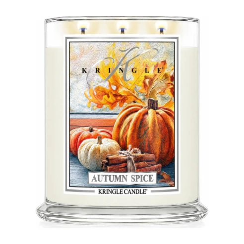 Vela Kringle Candle Autumn Spice de 3 mechas en bote grande de cristal de 623 g encendida