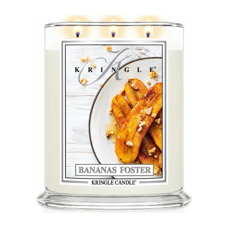 Vela Kringle Candle Bananas Foster de 3 mechas en bote grande de cristal de 623 g encendida