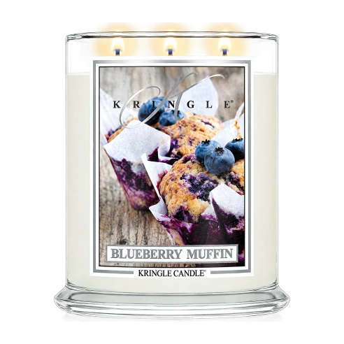 Vela Kringle Candle Blueberry Muffin de 3 mechas en bote grande de cristal de 623 g encendida