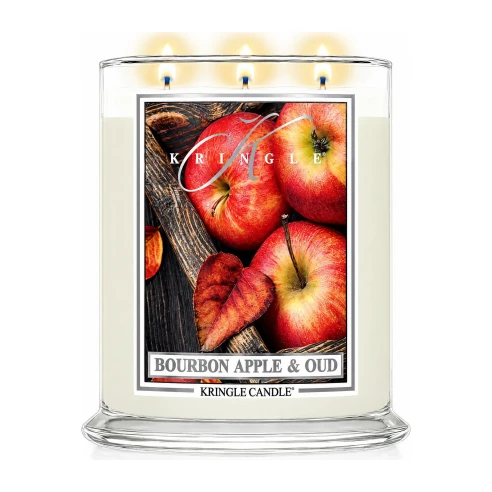 Vela Kringle Candle Bourbon Apple & Oud de 3 mechas en bote grande de cristal de 623 g encendida