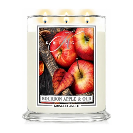 Vela Kringle Candle Bourbon Apple & Oud de 3 mechas en bote grande de cristal de 623 g encendida