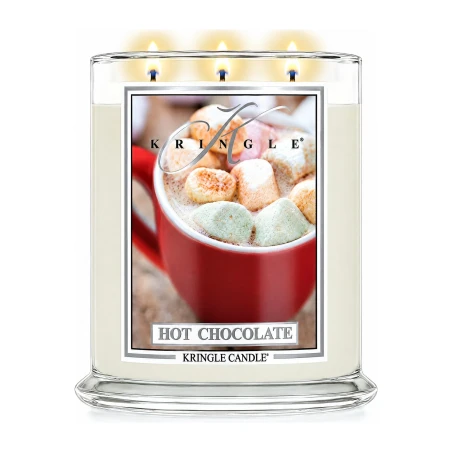 Vela Kringle Candle Hot Chocolate de 3 mechas en bote grande de cristal de 623 g encendida