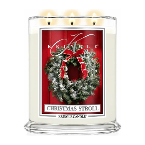 Vela Kringle Candle Christmas Stroll de 3 mechas en bote grande de cristal de 623 g encendida