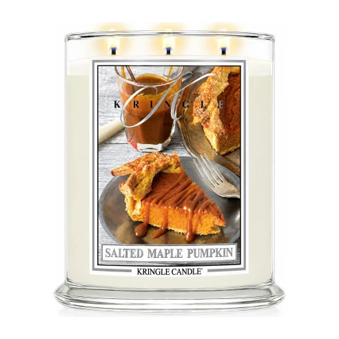 Vela Kringle Candle Salted Maple Pumpkin de 3 mechas en bote grande de cristal de 623 g encendida