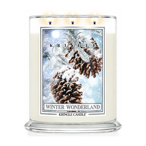 Vela Kringle Candle Winter Wonderland de 3 mechas en bote grande de cristal de 623 g encendida
