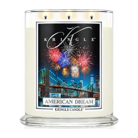 Vela Kringle Candle American Dream de 3 mechas en bote grande de cristal de 623 g encendida