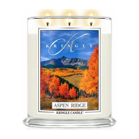 Vela Kringle Candle Aspen Ridge de 3 mechas en bote grande de cristal de 623 g encendida