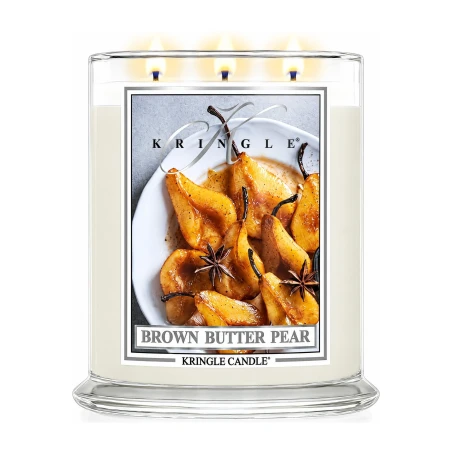 Vela Kringle Candle Brown Butter Pear de 3 mechas en bote grande de cristal de 623 g encendida