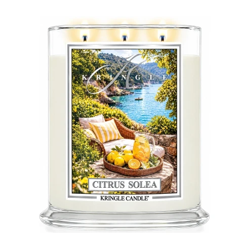 Vela Kringle Candle Citrus Solea de 3 mechas en bote grande de cristal de 623 g encendida