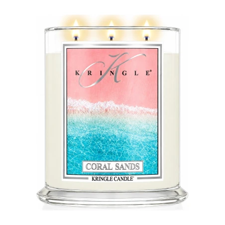 Vela Kringle Candle Coral Sands de 3 mechas en bote grande de cristal de 623 g encendida