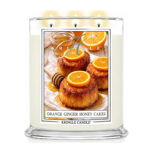 Vela Kringle Candle Orange Ginger Honey Cakes de 3 mechas en bote grande de cristal de 623 g encendida