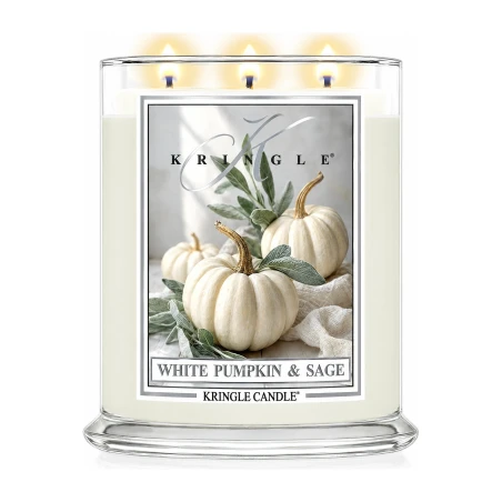 Vela Kringle Candle White Pumpkin & Sage de 3 mechas en bote grande de cristal de 623 g encendida