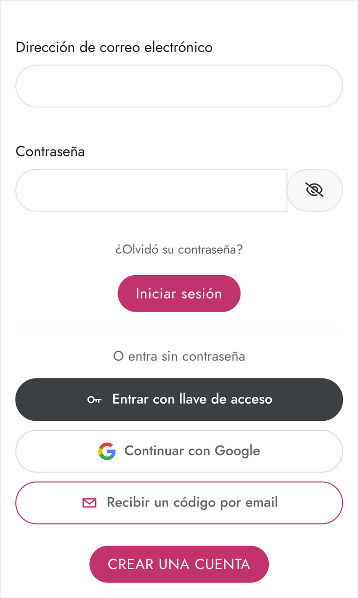 Página para entrar en la tienda: email y contraseña arriba y, debajo, «Entrar con llave de acceso», «Continuar con Google» y «Recibir un código por email»