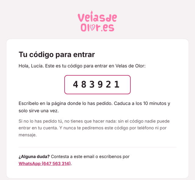 Email «Tu código para entrar», con un código de 6 cifras